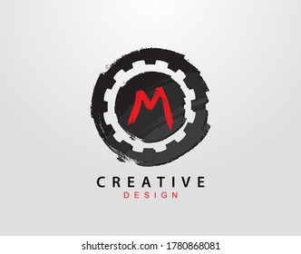 M Letter Logo With Gear and Circle Grunge Element. Retro Gear logo design template.