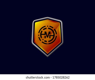 M Letter Logo With Gear Circle Pixel and Modern Shield Design. Security M Icon Protection Design Template.
