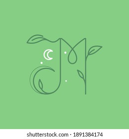 M letter logo with graceful with moon, stars and leaves decoration. It is perfect to use in any vintage branding, romantic packaging, ecology posters, astrology blog design, holiday invitations.