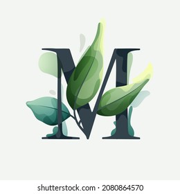 M letter logo with green leaves in clear vector watercolor style. Serif sans font for luxury emblem, botanical identity, ecology projects, wedding invitations.