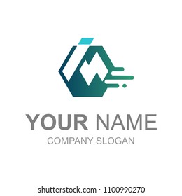 
m letter logo with hexagon symbolizing speed, logo ready to use
