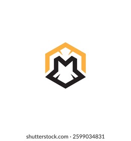 m letter logo with hexagonal combination in blue color design style
