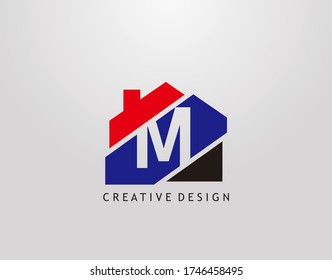 M Letter Logo. house strip shape with negative letter M, Real Estate Architecture Construction Icon Design.