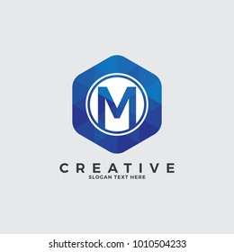 M Letter Logo Illustration Template. With circle on hexagonal shape. Polygonal style.