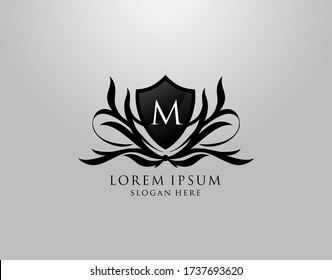 M Letter Logo. Inital M Majestic Shield design for Royalty, Fashion, Community, Boutique,  Hotel, Heraldic, Jewelry, Photography.