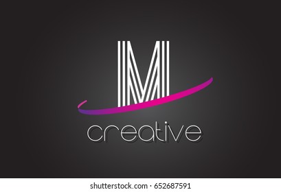 M Letter Logo with Lines Design And Purple Swoosh Vector Letters Illustration.
