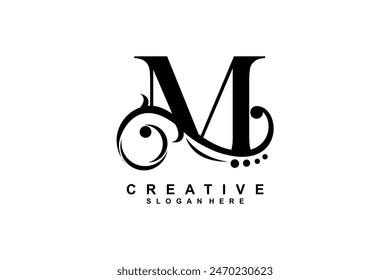 Logo de la letra M con adorno floral negro de lujo. Logotipo de monograma M, tipografía M. adecuado para logotipos de negocios, empresas, belleza, moda, tiendas, etc