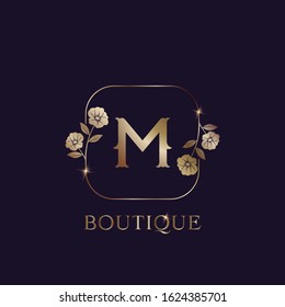 M Letter Logo Luxury Boutique, vector design concept floral flower frame for  fashion or boutique business.