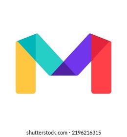 M letter logo made of overlapping lines. Vector paper multicolor origami style icon. Perfect for colorful applique art, children design, vibrant advertising, mosaic packaging, multimedia identity.