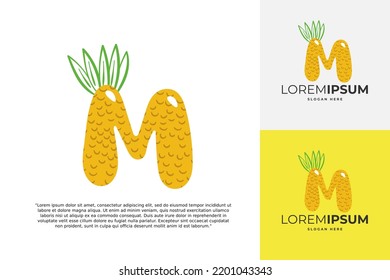 M letter logo made of pineapple. Fruit handmade calligraphy for agricultural identity, restaurant cards, kids t-shirt, summer prints, etc