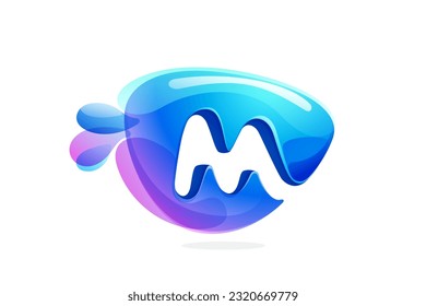 M letter logo made of spring water and dew drops. Environment friendly initial. Pure eco emblem in overlapping watercolor style. 3D realistic icon in round triangle arrow shape. Vector play button.