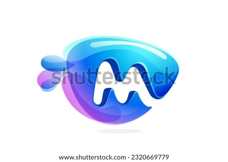 M letter logo made of spring water and dew drops. Environment friendly initial. Pure eco emblem in overlapping watercolor style. 3D realistic icon in round triangle arrow shape. Vector play button.