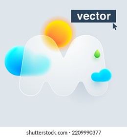 El logo de la letra M hecho de sol, nubes y gota verde bajo el vidrio mate. emblema del estilo de morfismo de vidrio 3d realista. Diseño vectorial translúcido y borroso. Icono de interfaz de usuario de sitio web o aplicación móvil para pronóstico del tiempo.