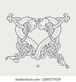 M Buchstabenlogo. Mittelalterliche Tropfen Kapseln Monogramm. Initialen aus spiralförmigen keltischen Tieren, Schlange, Drachen. Gotische illuminierte Kalligrafie. Hauptstädte des Mittelalters sind heraldische Ornate. Germanische Schriftart für heidnische Tätowierungen.