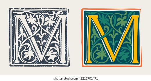 Logo de la letra M en estilo gótico medieval. Conjunto de emblemas de color oscuro y de estilo monocromo grunge. Tapa inicial de caída grabada. Perfecto para identidad de primera calidad vintage, afiches de la Edad Media, embalaje de lujo.