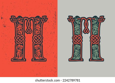 M letter logo in medieval knots lines style. Dim colored drop cap icon. Engraved barbarian emblem. Vintage illuminated initials. Perfect for vintage premium identity, Celtic posters, luxury packaging.