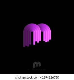M letter logo. M monogram. The original logo consists of rounded stripes with a gradient. Bright backlight. 3D illusion.