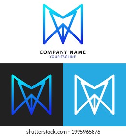 Monolina del logotipo de la letra M con la punta del icono de la pluma en el gradiente azul medio coloreado