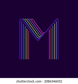 Logo de la letra M en estilo neón claro. Seis líneas delgadas coloreadas. Perfecto para los afiches de eventos de casino, emblema vivo, banner de vida nocturna e identidad futurista. 