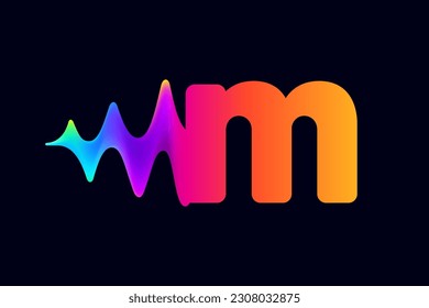 M letter logo with pulse music player element. Vibrant sound wave flow line and glitch effect. Neon gradient icon. Vector template for techno store, electronic music, audio equalizer, DJ posters.