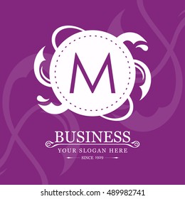 M Letter logo, Purple Monogram, line art logo design. Beautiful Boutique Logo Designs, Business sign, Restaurant, Royalty, Cafe, Hotel, Heraldic, Jewelry, Fashion, Wine. Vector illustration