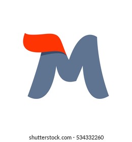 M letter logo with a red flag line. Fast speed vector script type.