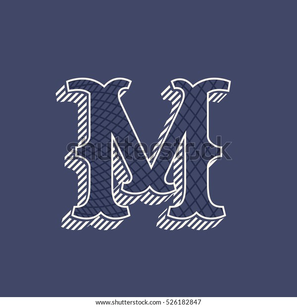 M\
letter logo in retro money style with line pattern and shadow. Slab\
serif type. Vintage vector font for labels and\
posters.