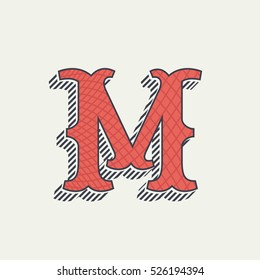 M letter logo. Retro western alphabet with line texture. Slab serif font. Vector vintage typography for your posters, sportswear, club t-shirt, banner, etc.