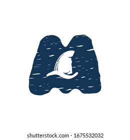 M letter logo with shark's fin. Hand drawn monochrome vintage nautical style. Perfect for clothing labels, apparel print, retro posters etc.