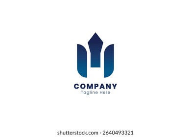 M letter logo and spartan helmet, roman soldier, vector design, elegant blue logo on clean white background