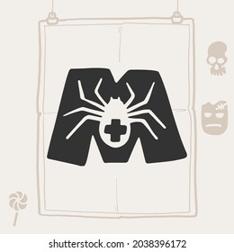 M letter logo with a spider. Vector template for your Halloween poster design.