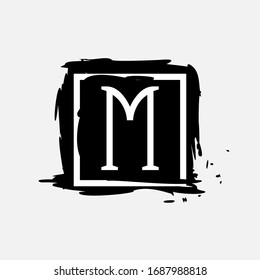 M letter logo in square frame at ink dry brush strokes with rough edges. Vector serif font perfect for premium labels, vintage posters and modern identity, etc.