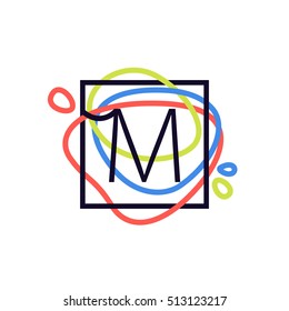 M letter logo in square frame at colorful line background. Font style, vector design template elements for your posters, invitations, cards. 