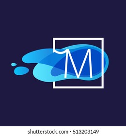 M letter logo in square frame at watercolor blue flow background. Vector ecology typography for your posters, invitations, cards. 