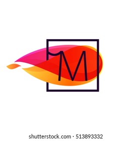 M letter logo in square frame at fire flame background. Vector typography for your posters, invitations, cards. 