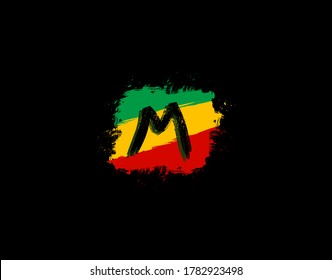 M Letter Logo In Square Grunge Shape With Splatter and Rasta Color. Letter M Reggae Style Icon Design.