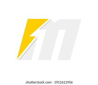 M letter logo, vector font with lightning flash power icon
