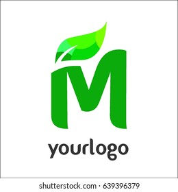M Letter logo. Vector green alphabet set of eco letters logo with leaves