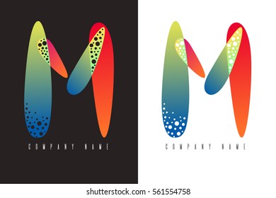 M - letter logo. Vector logotype design made with abstract colorful shapes on black and white background. Abc alphabet design for corporate identity