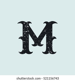 M letter logo. Vintage decorative slab serif with rough grunge texture. Vector font for western, sport or historical labels, posters etc.