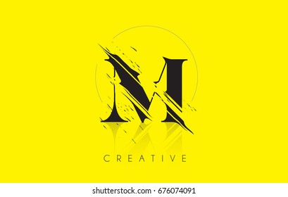 M Letter Logo with Vintage Grundge Cut Design. Destroyed Drawing Elegant Letter Icon Vector.