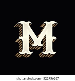 M letter logo in vintage western style with lines shadow. Vector font for barber shop labels, sport posters, jewelry cards etc.