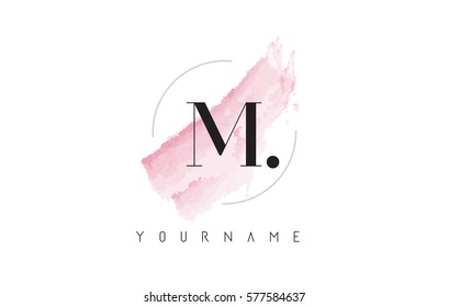 M Letter Logo with Watercolor Pastel Aquarella Brush Stroke and Circular Rounded Design. 