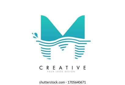 M Letter Logo with Waves and Water Drops Design Vector Illustration.