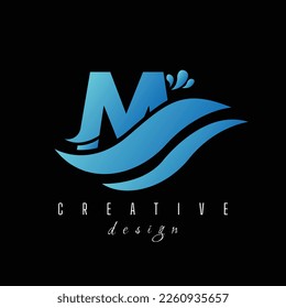 M Letter Logo with Waves and Water Drops Design Vector Illustration