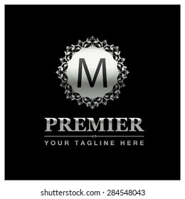 M letter Luxury Logo template flourishes calligraphic elegant ornament lines. Business sign, identity for Restaurant, Royalty, Cafe, Hotel, Heraldic, Jewelry, Premier and other vector illustration