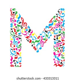 M letter made of colorful musical notes on white background. Alphabet for art school. Trendy font. Graphic decoration.