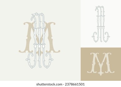 M letter marriage monograms for bride and groom names. Wide and Narrow capitals. Initials with thin swirled lines and lush foliage patterns. Perfect for wedding, anniversary, birthday invitation.