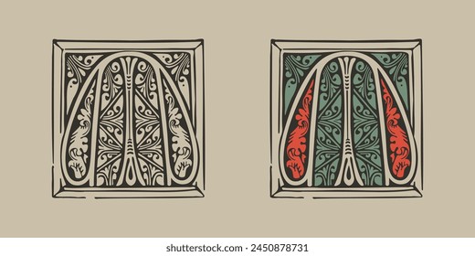 M letter medieval Gothic initial illuminated by foliage ornament. Engraved German drop cap. Dark age hand painted emblem. Classic Latin alphabet font based on XV century embellishment manuscript.