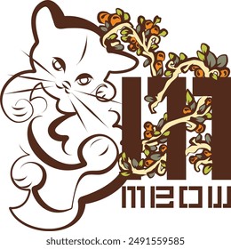 A M letter from meow kitten icon or button which is formed by a playful transparent shape, with a botanical and tropical element design. 